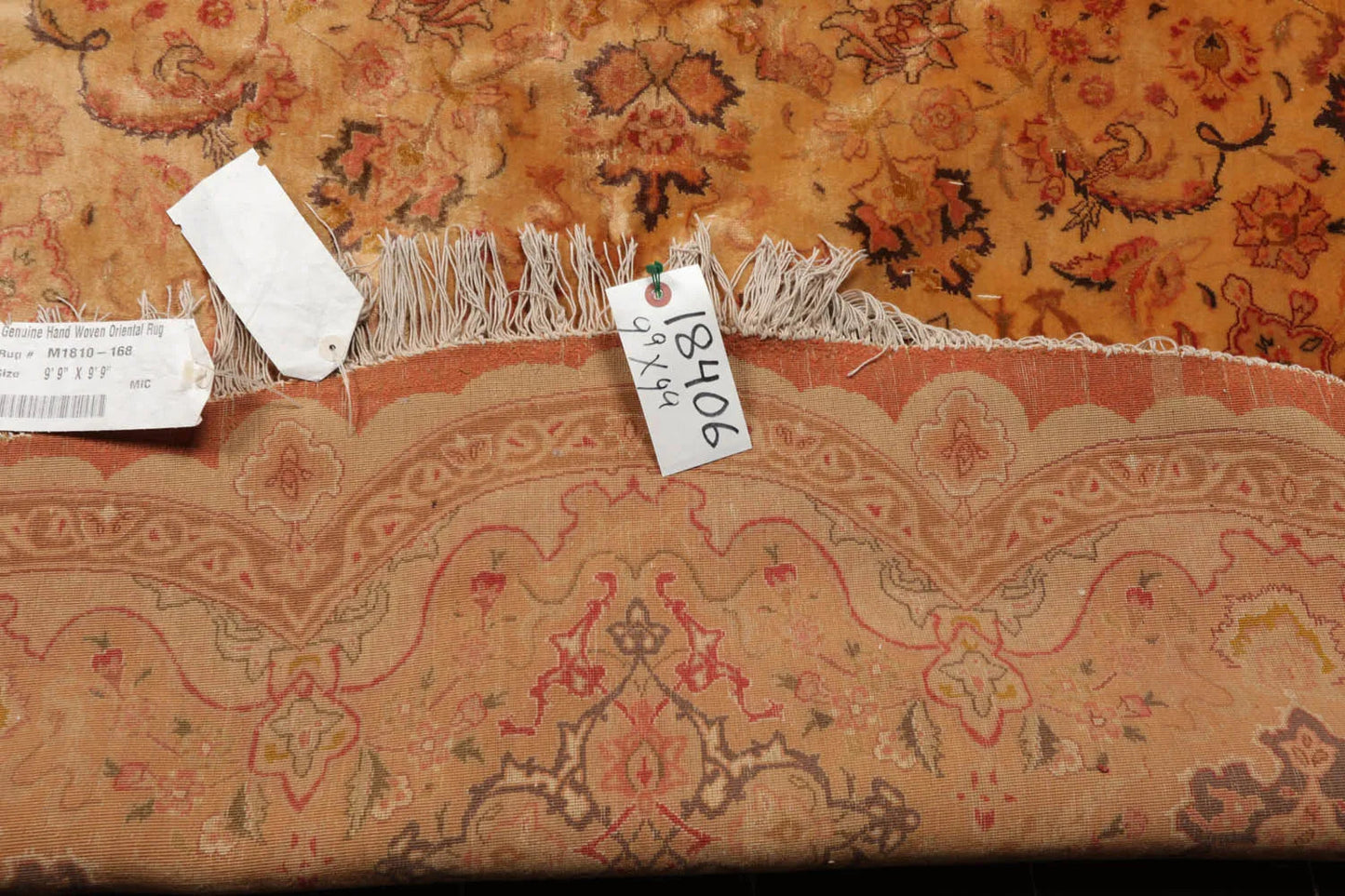 9'9''x9'9'' Round Tan, Peach Hand Knotted Wool and Silk Tabriz Traditional Oriental Area Rug