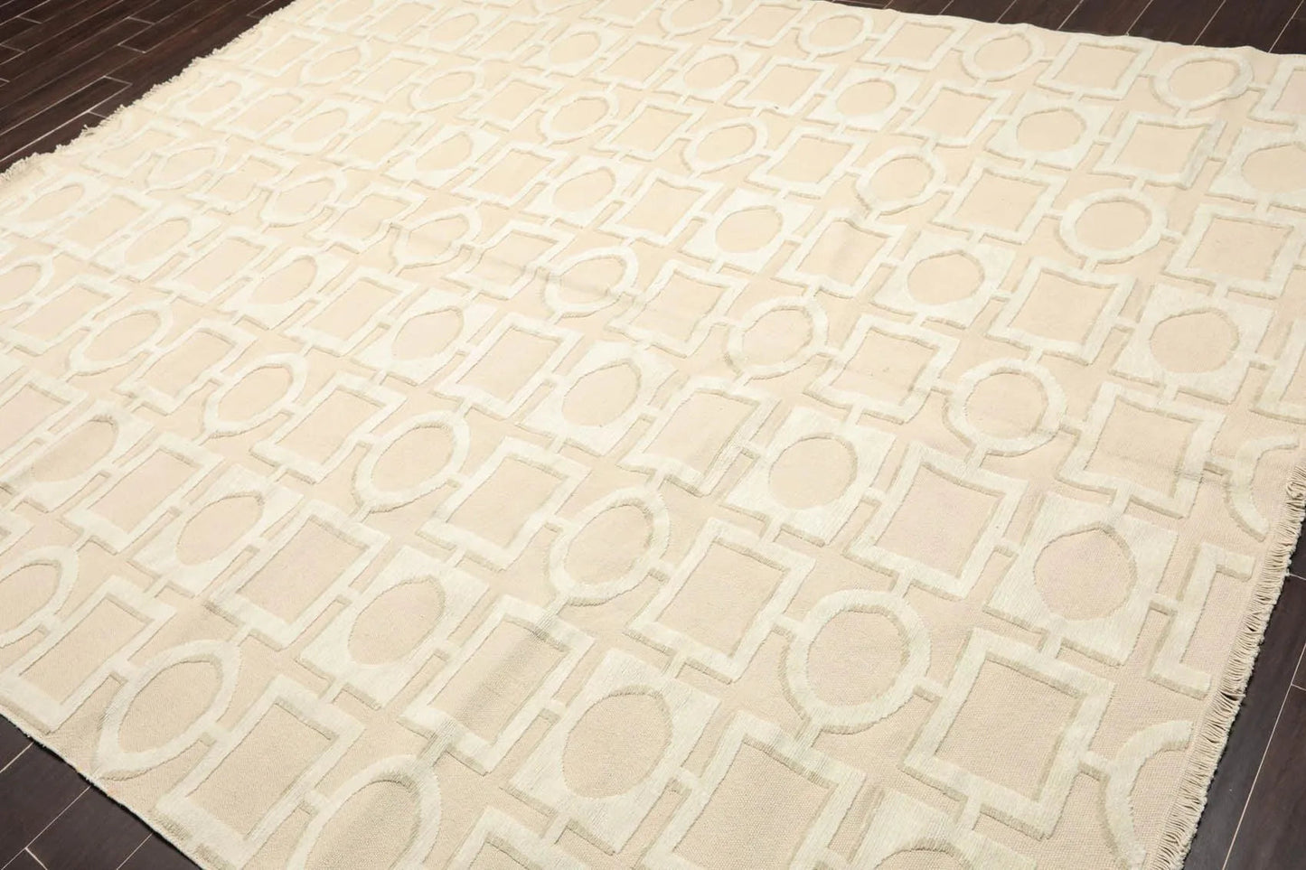 7'11'' x 9'11'' Hand Knotted Tibetan Cotton & Silk Designer Geometric Area Rug Beige