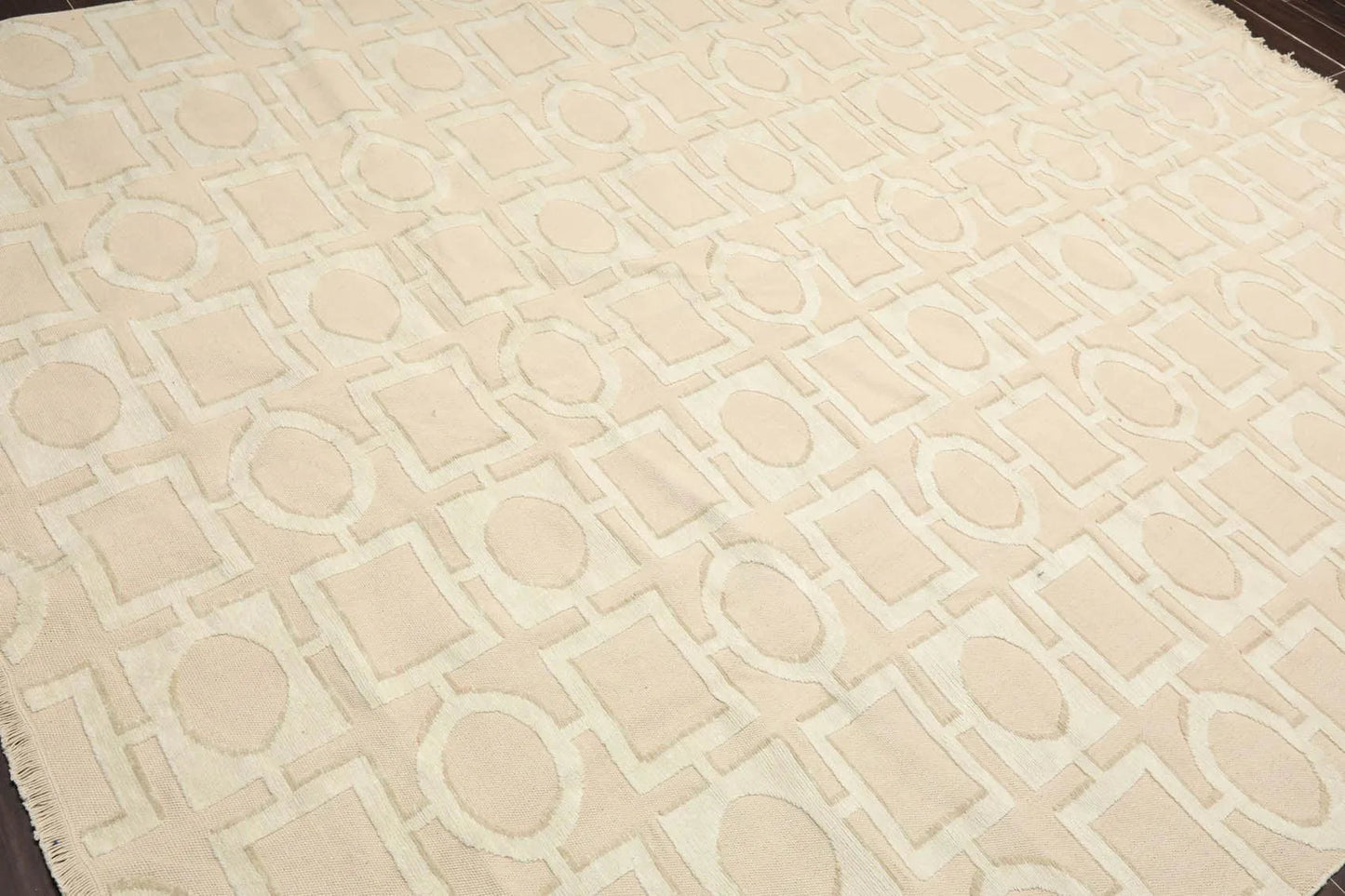 7'11'' x 9'11'' Hand Knotted Tibetan Cotton & Silk Designer Geometric Area Rug Beige