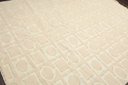 7'11'' x 9'11'' Hand Knotted Tibetan Cotton & Silk Designer Geometric Area Rug Beige