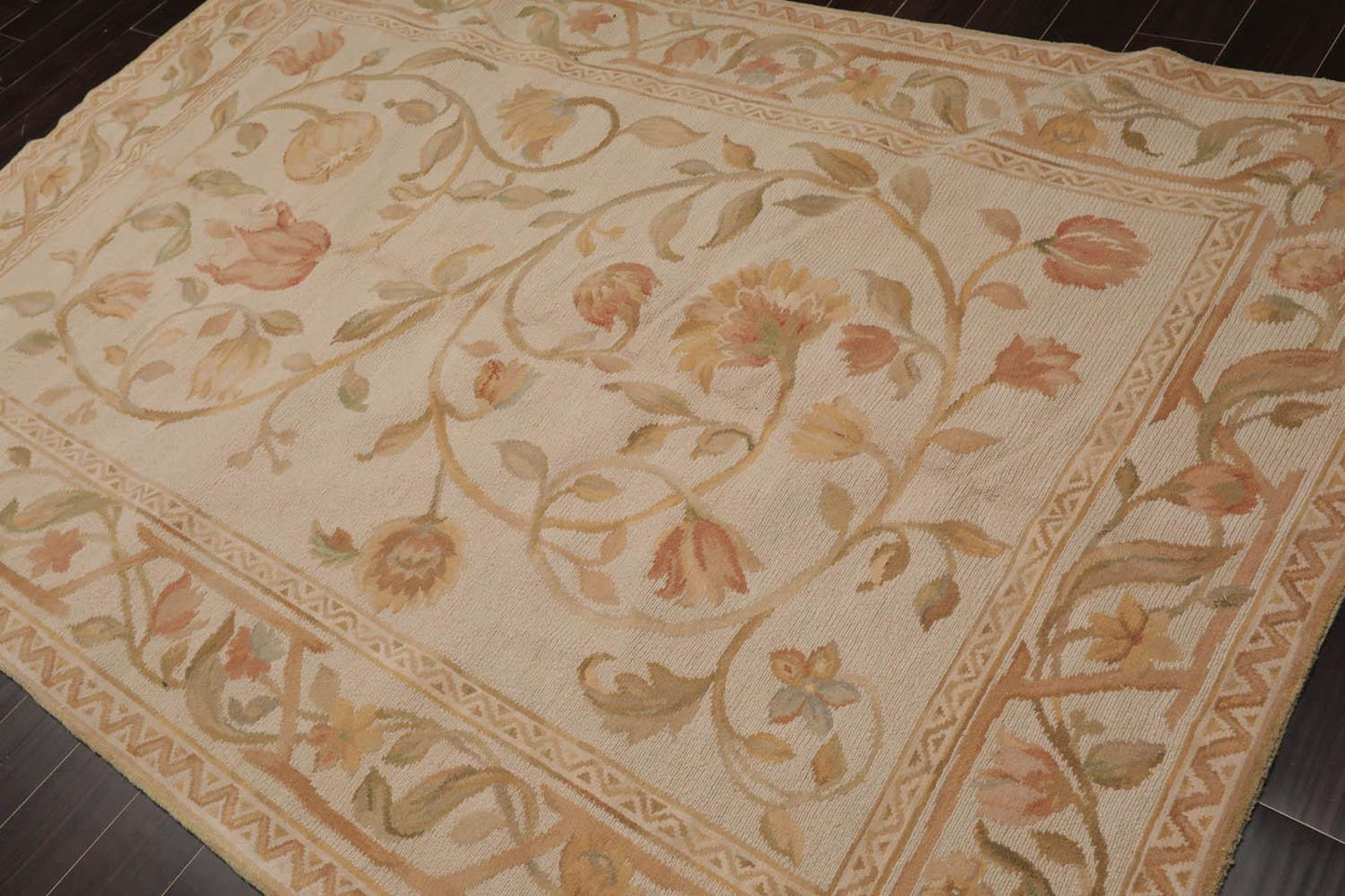 6’x9’4"Hand Knotted 100% Wool French Aubusson Savonnerie Area Rug Beige
