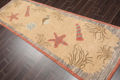 3'1" x 8'11" Runner Hand Knotted Tibetan Wool Designer Plus Pile Area Rug Beige