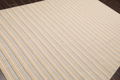 6'8'' x 9'11'' Hand Knotted Wool Designer Stripes Flat Weave Area Rug Beige