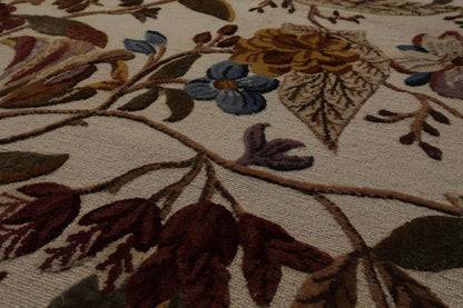 8x10 Beige, Rust Hand Knotted Wool Botanical Loop N Cut High Low Pile Tibetan Area Rug