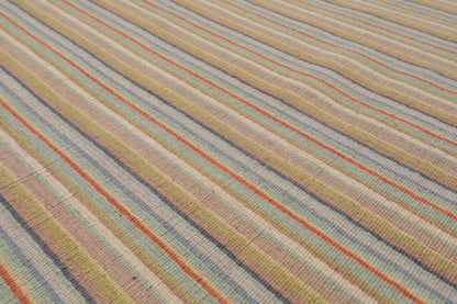 6'8'' x 9'11'' Hand Knotted Wool Designer Stripes Flat Weave Area Rug Beige