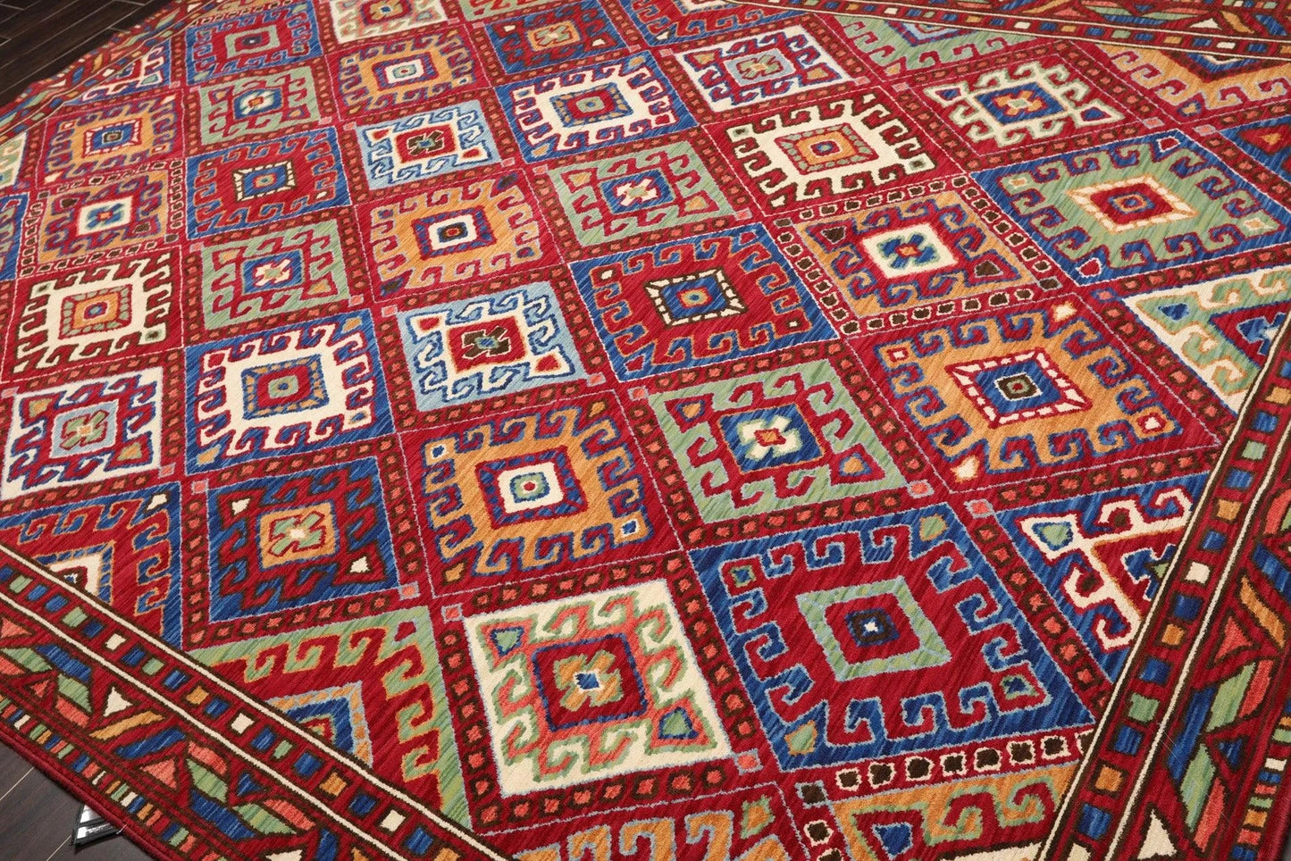 8 x 11 Geometric Panel Style Wool Area Rug Red Made in USA