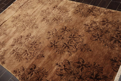 5'1'' x 7'10'' Hand Knotted Tibetan Wool Damask Designer Area Rug Brown, Tan