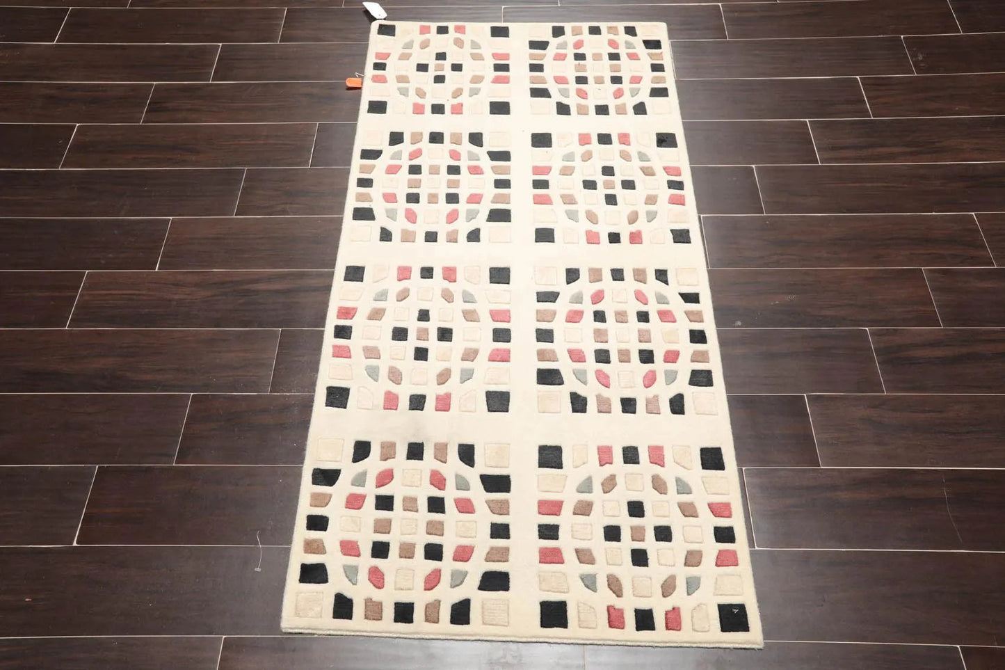 2'7' x 5' Hand Knotted Tibetan 100% Wool Graphic Modern Oriental Area Rug Cream