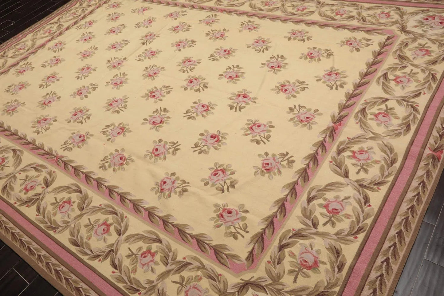 French Aubusson Hand Woven Wool Flatweave Area Rug Ivory 9’ x 12’