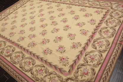French Aubusson Hand Woven Wool Flatweave Area Rug Ivory 9’ x 12’