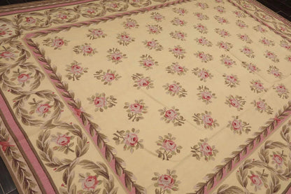 French Aubusson Hand Woven Wool Flatweave Area Rug Ivory 9’ x 12’