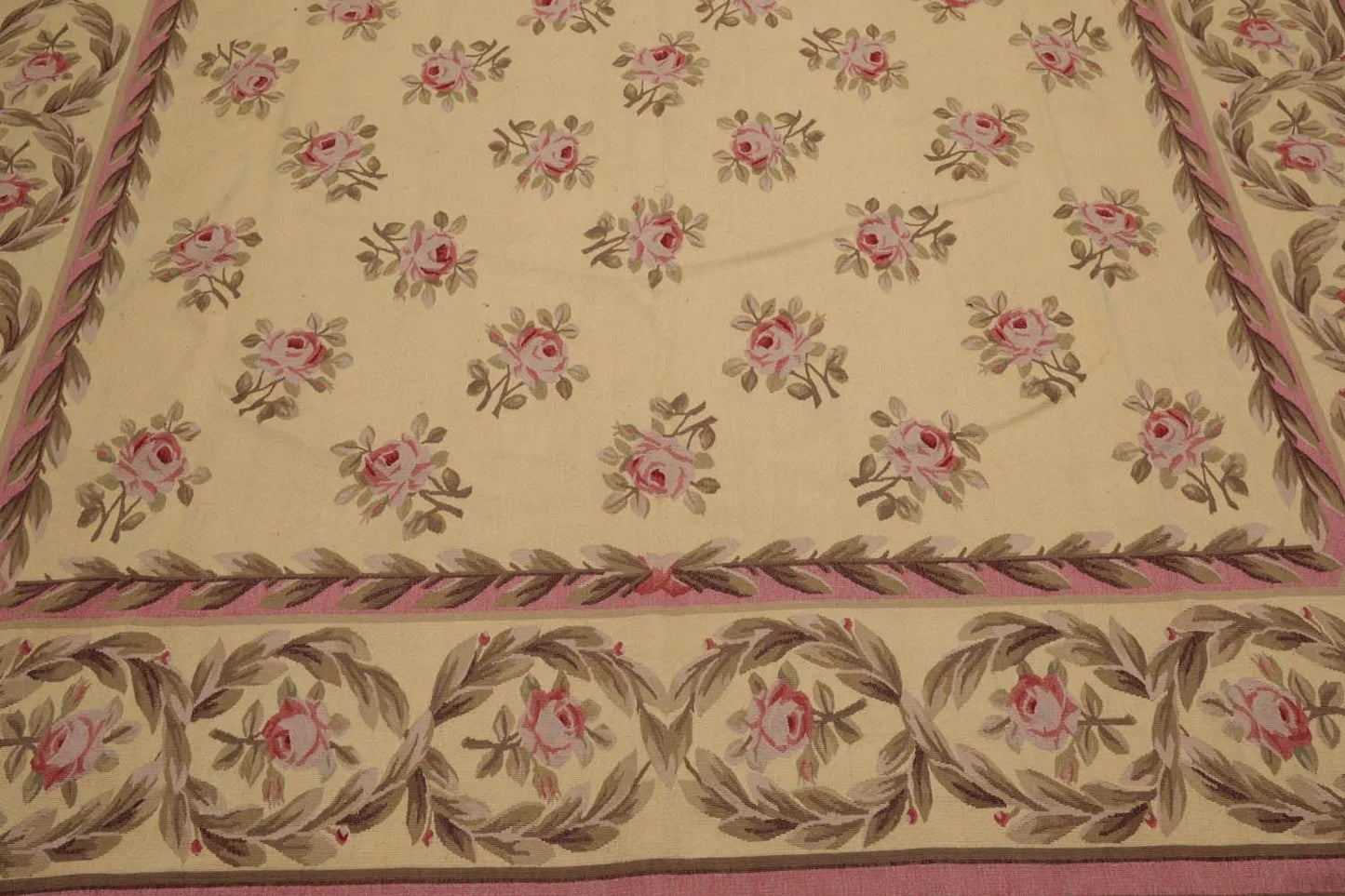 French Aubusson Hand Woven Wool Flatweave Area Rug Ivory 9’ x 12’