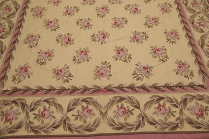 French Aubusson Hand Woven Wool Flatweave Area Rug Ivory 9’ x 12’