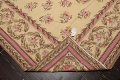French Aubusson Hand Woven Wool Flatweave Area Rug Ivory 9’ x 12’
