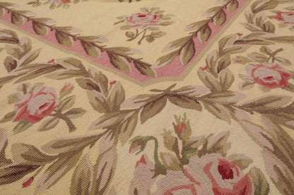 French Aubusson Hand Woven Wool Flatweave Area Rug Ivory 9’ x 12’