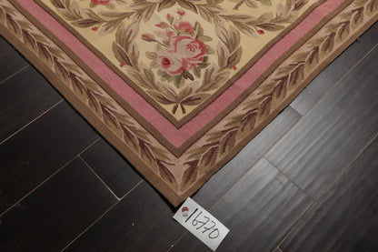 French Aubusson Hand Woven Wool Flatweave Area Rug Ivory 9’ x 12’