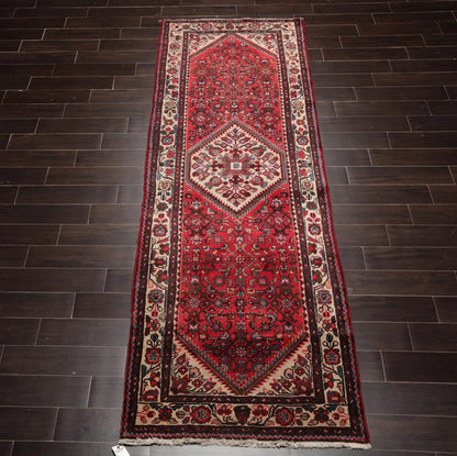3'6" x 10'4" Runner Herizz Hand Knotted Red Medallion Traditional Wool Oriental Area Rug