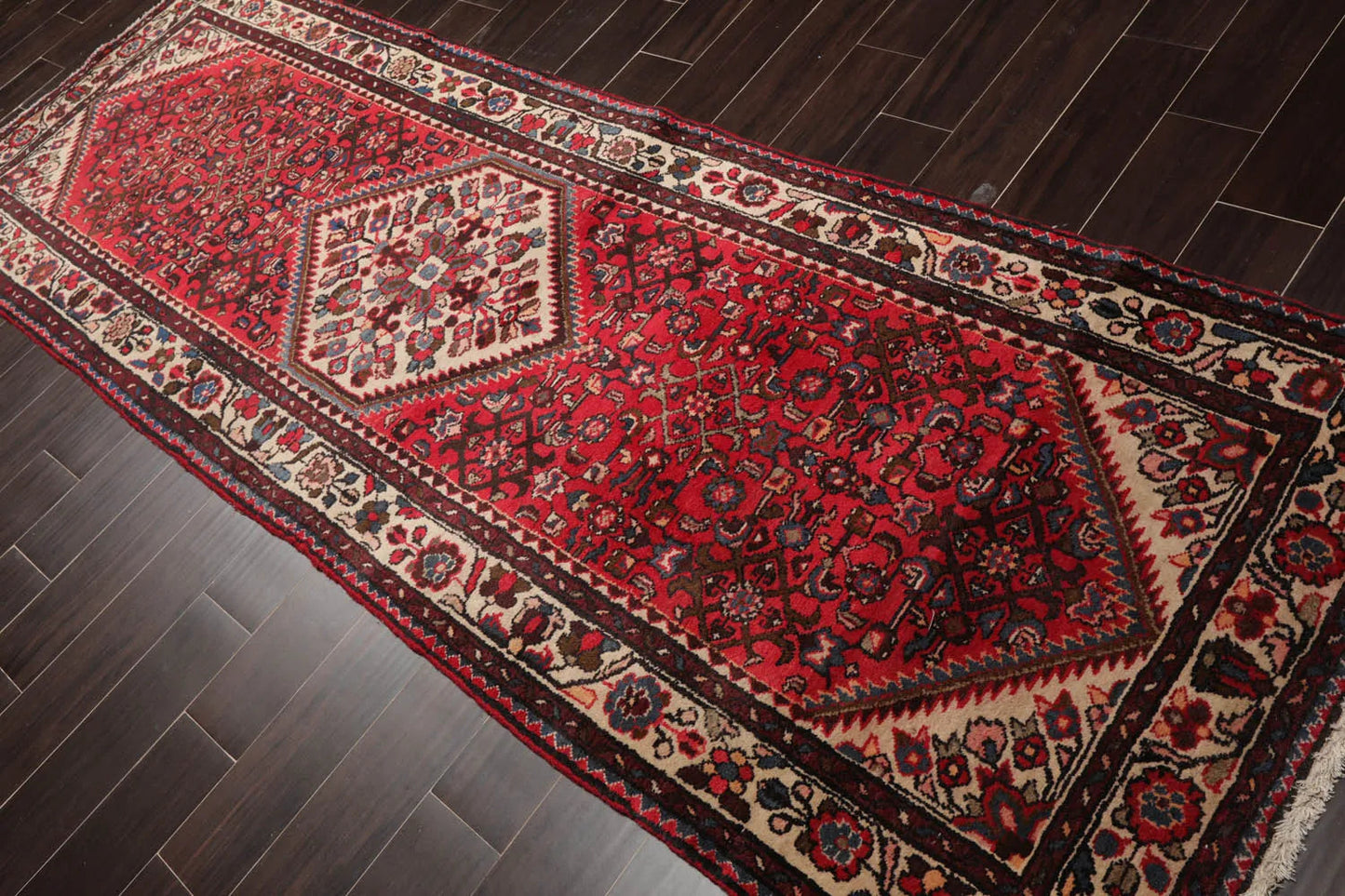 3'6" x 10'4" Runner Herizz Hand Knotted Red Medallion Traditional Wool Oriental Area Rug