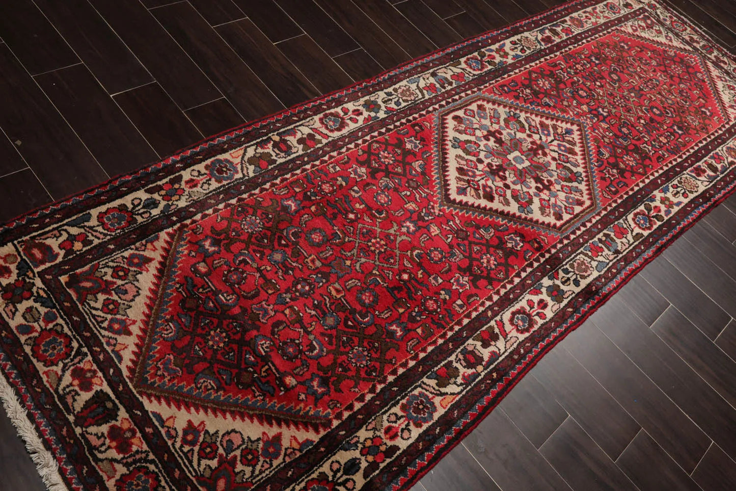 3'6" x 10'4" Runner Herizz Hand Knotted Red Medallion Traditional Wool Oriental Area Rug