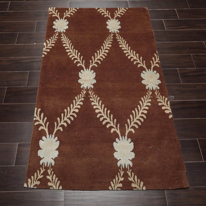 3x5 Hand-Knotted Tibetan Terra Trellis Floral Wool & Silk Brown Are Rug