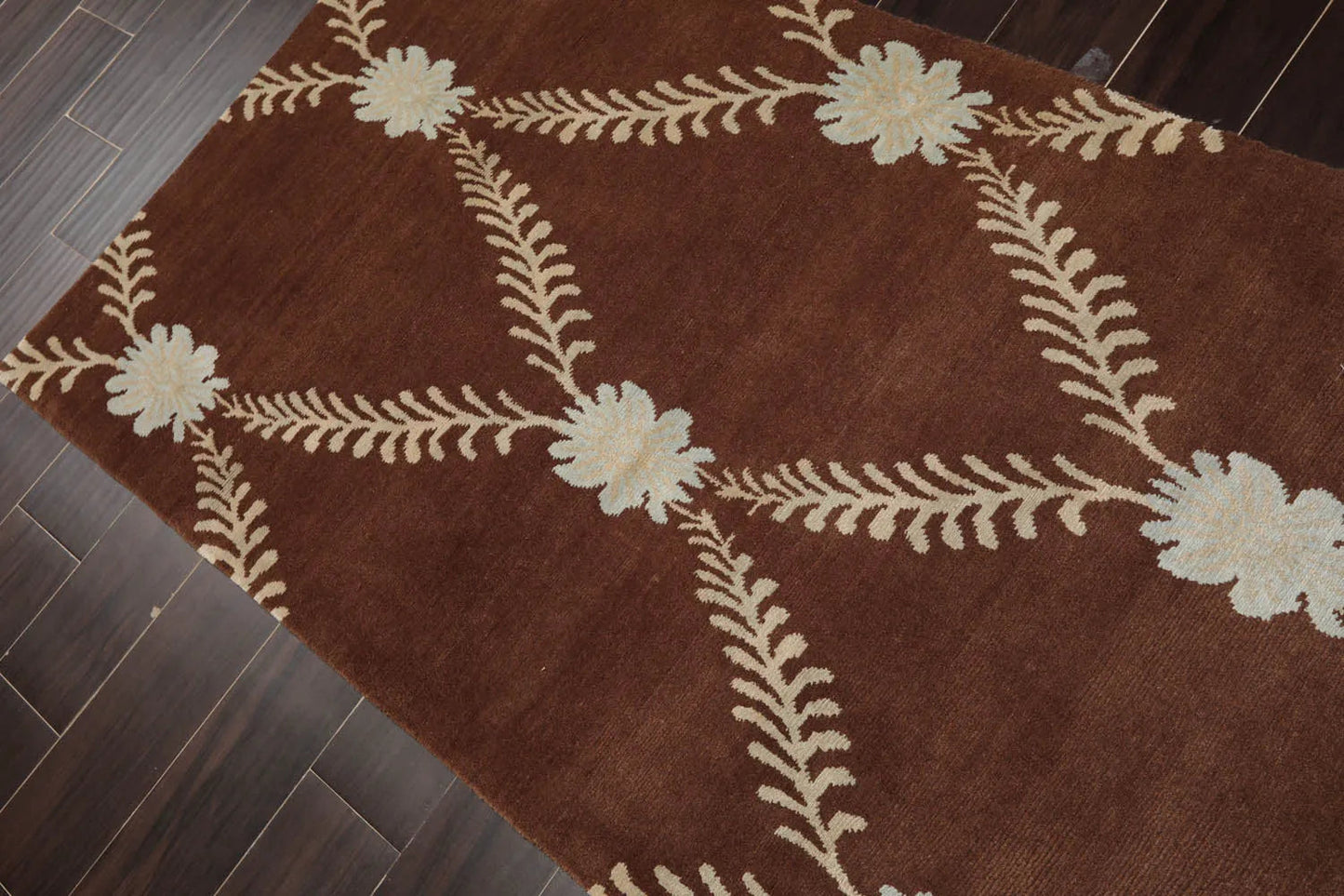 3x5 Hand-Knotted Tibetan Terra Trellis Floral Wool & Silk Brown Are Rug