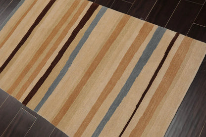 3x5 Hand-Knotted Contemporary  Striped Tibetan Wool Area Rug Beige