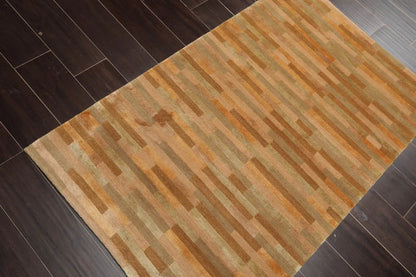 3x5 Gold Hand Knotted Tibetan Contemporary Striped Wool & Silk Oriental Area Rug