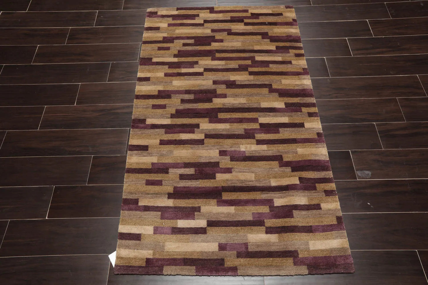 3x5 Aubergine Hand Knotted Tibetan Contemporary  Striped Wool & Silk Oriental Area Rug
