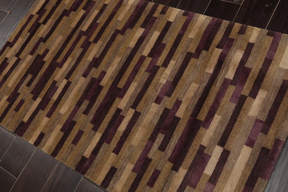 3x5 Aubergine Hand Knotted Tibetan Contemporary  Striped Wool & Silk Oriental Area Rug