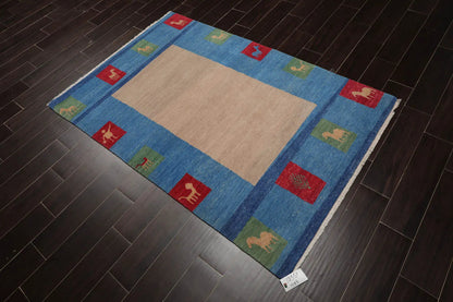 4x6 Beige Hand Knotted Tibetan Contemporary Gabbehh Wool Oriental Area Rug