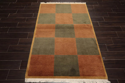 4x6 Brown Hand Knotted Tibetan Modern  Geometric Wool Oriental Area Rug