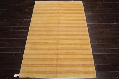 6x9 Gold Hand Knotted Tibetan Modern Striped Wool Oriental Area Rug