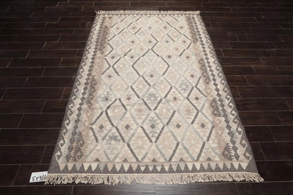 LoomBloom 5x8 Beige Wool Hand Woven Southwestern Kilim Oriental Area Rug
