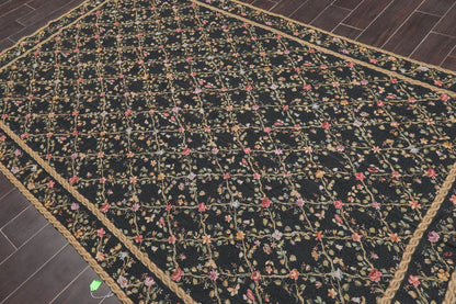 6x9 Black Hand Woven Wool French Aubusson Needlepoint Flat pile Oriental Area Rug