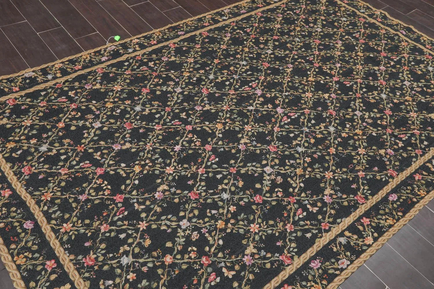 6x9 Black Hand Woven Wool French Aubusson Needlepoint Flat pile Oriental Area Rug