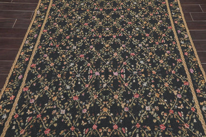 6x9 Black Hand Woven Wool French Aubusson Needlepoint Flat pile Oriental Area Rug