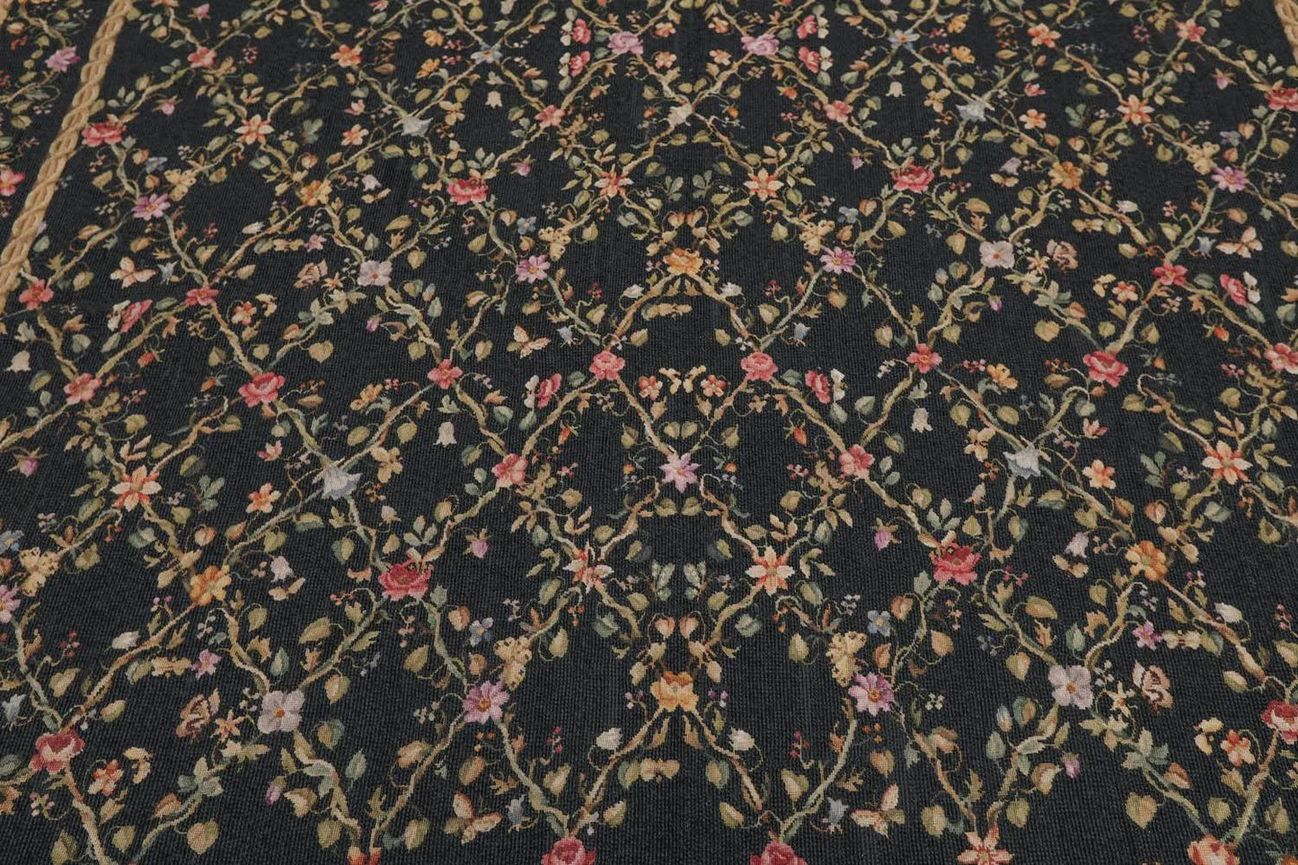 6x9 Black Hand Woven Wool French Aubusson Needlepoint Flat pile Oriental Area Rug