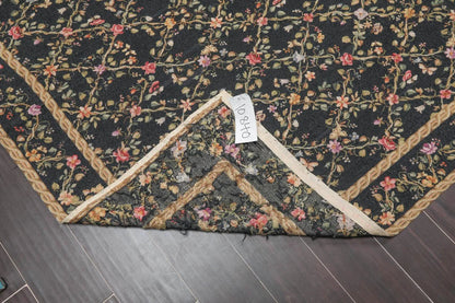 6x9 Black Hand Woven Wool French Aubusson Needlepoint Flat pile Oriental Area Rug