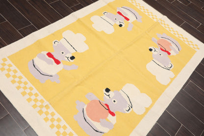 4'1"x6' Hand Woven Kids Special Reversible Dhurry Kilim Oriental Area Rug Yellow