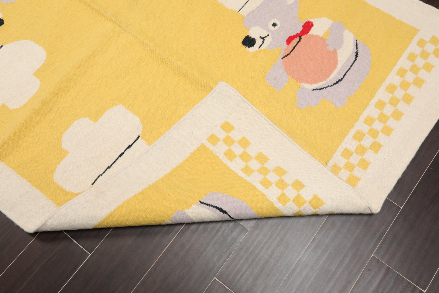 4'1"x6' Hand Woven Kids Special Reversible Dhurry Kilim Oriental Area Rug Yellow