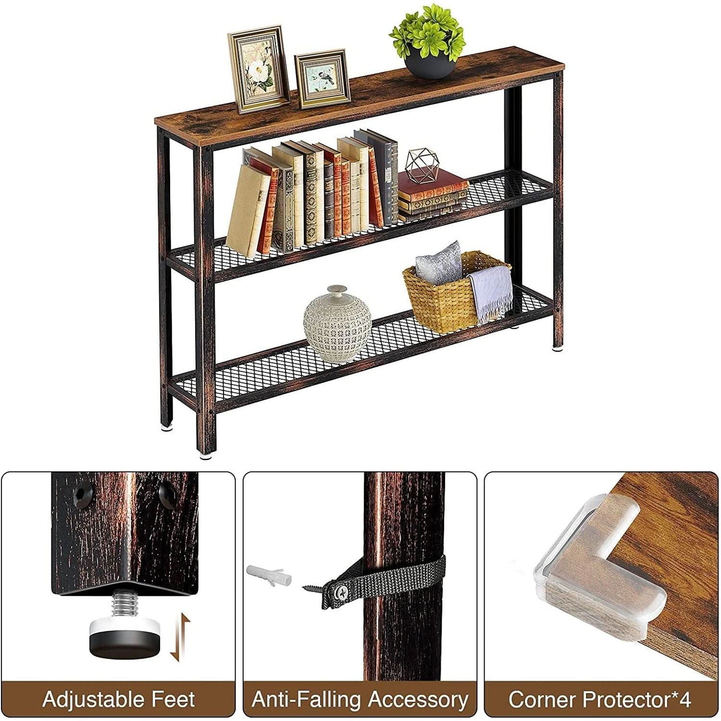 Rustic Console Table 47.25 Inch Long With Mesh Shelves
