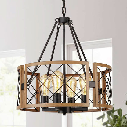 D19 Inch Farmhouse Chandelier 4 Light Pendant Black Oak