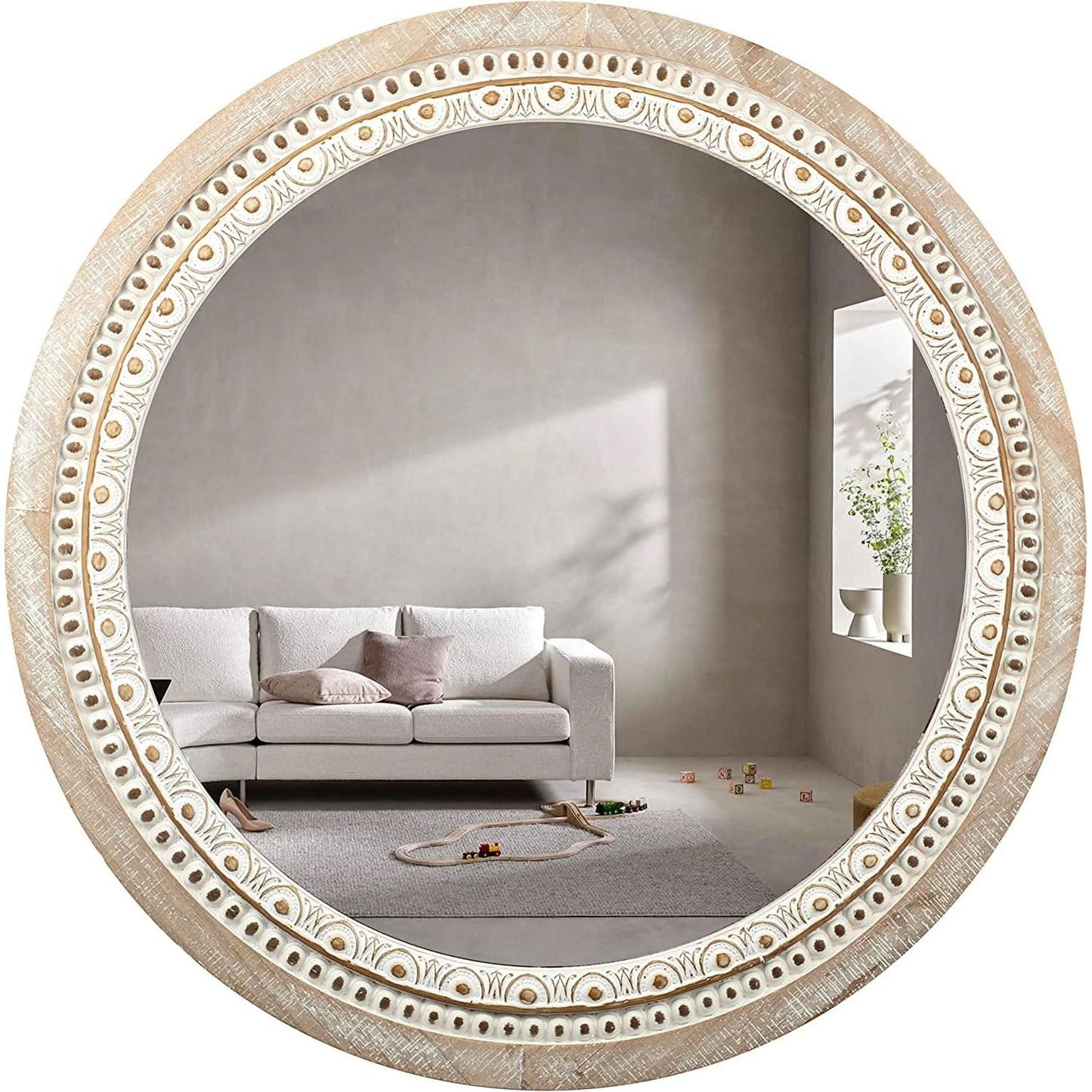 Farmhouse Rustic 30 Inch Wooden Round Mirror Wall Decor