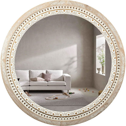 Farmhouse Rustic 30 Inch Wooden Round Mirror Wall Decor