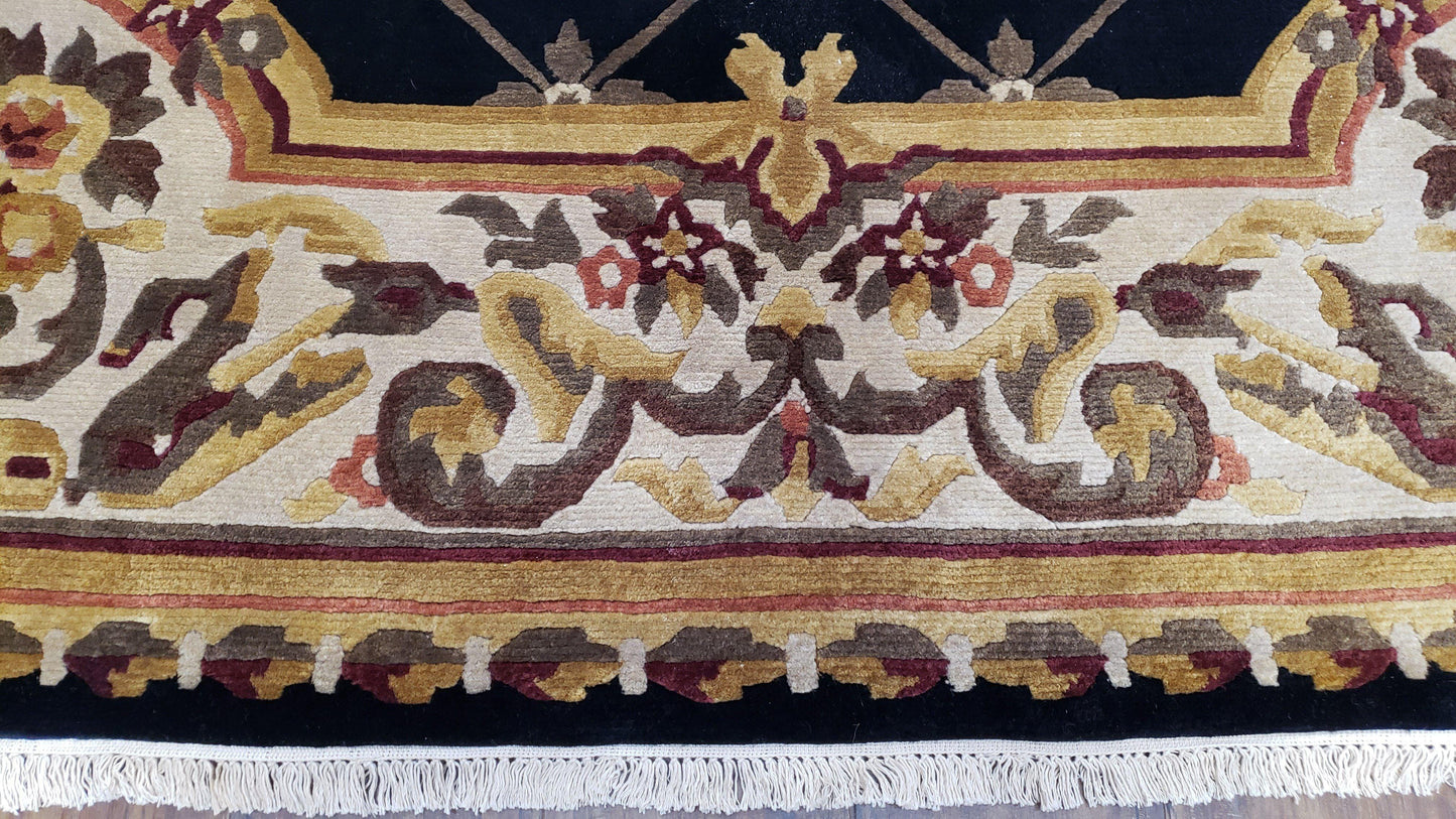 Nepal Rug 6x9, Nepalese Aubusson Area Rug 6 x 9, Hand-Knotted Wool Soft Pile Black & Beige Tibetan Aubusson New Carpet European Savonnerie