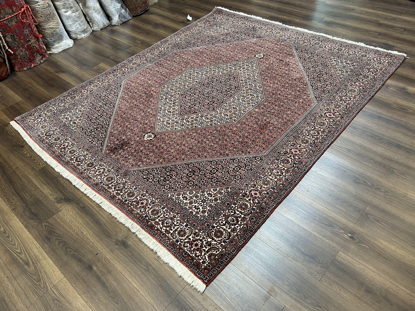 Wonderful Persian Bidjar Rug 7x8 ft, Almost Square Oriental Carpet, Herati Mahi, Highly Detailed, Ivory Red Navy Blue, Very Fine Handmade Bijar Rug