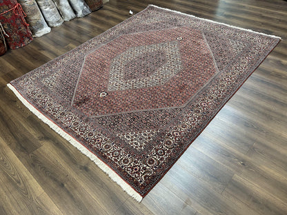 Wonderful Persian Bidjar Rug 7x8 ft, Almost Square Oriental Carpet, Herati Mahi, Highly Detailed, Ivory Red Navy Blue, Very Fine Handmade Bijar Rug