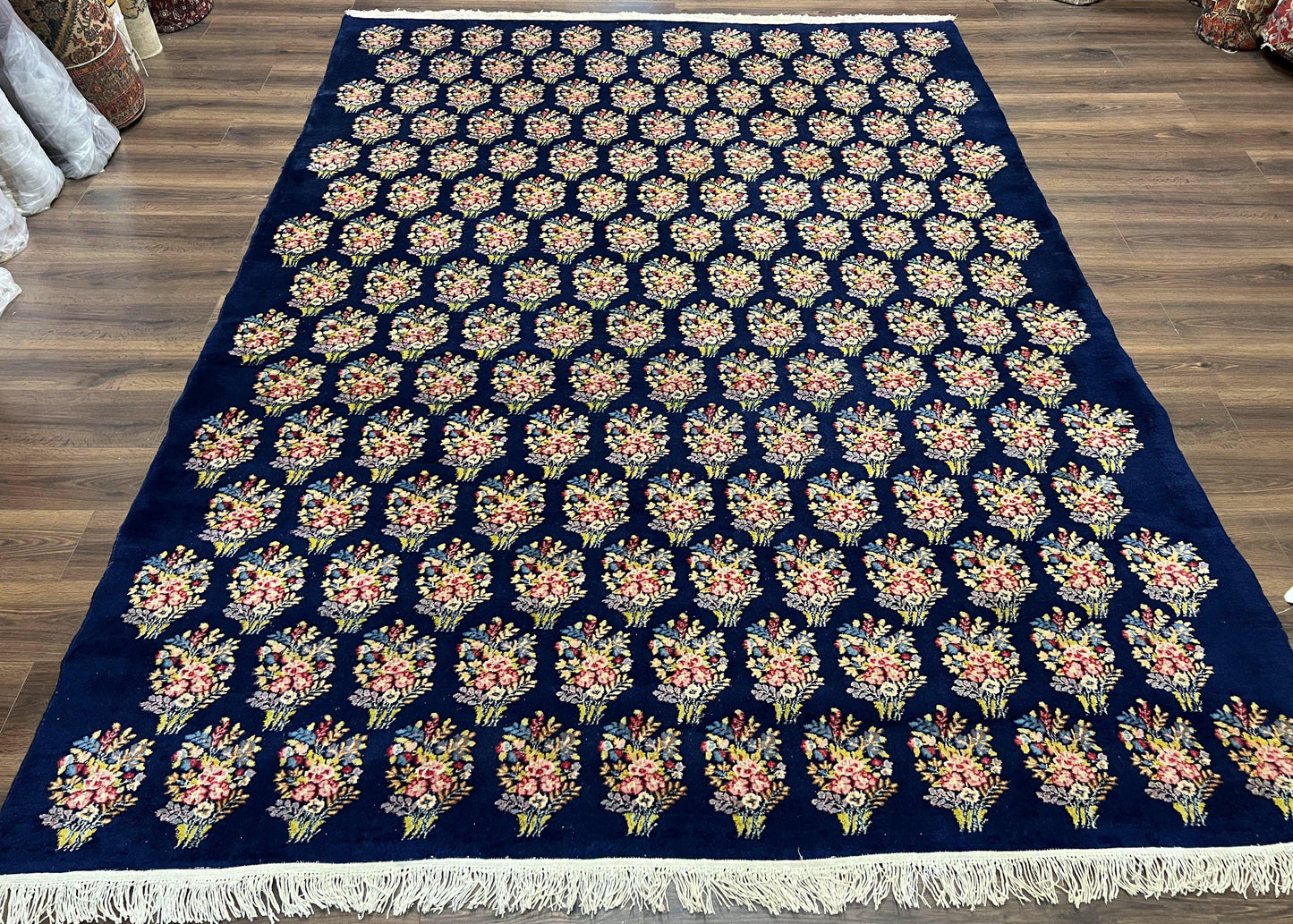 Persian Rug 9x12, Authentic Hand Knotted Carpet, Repeated Floral Motif Garden of Eden, Navy Blue Wool Rug 9 x 12, Semi Antique Kirman Rug