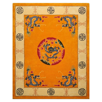 LoomBloom Multi Sizes Gold Hand Tufted Medallion & Dragon Chinese Art Deco New Zealand Wool Oriental Area Rug