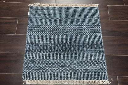 2'x2' Blue Hand Knotted Tibetan Modern Wool and Bamboo Silk Oriental Area Rug
